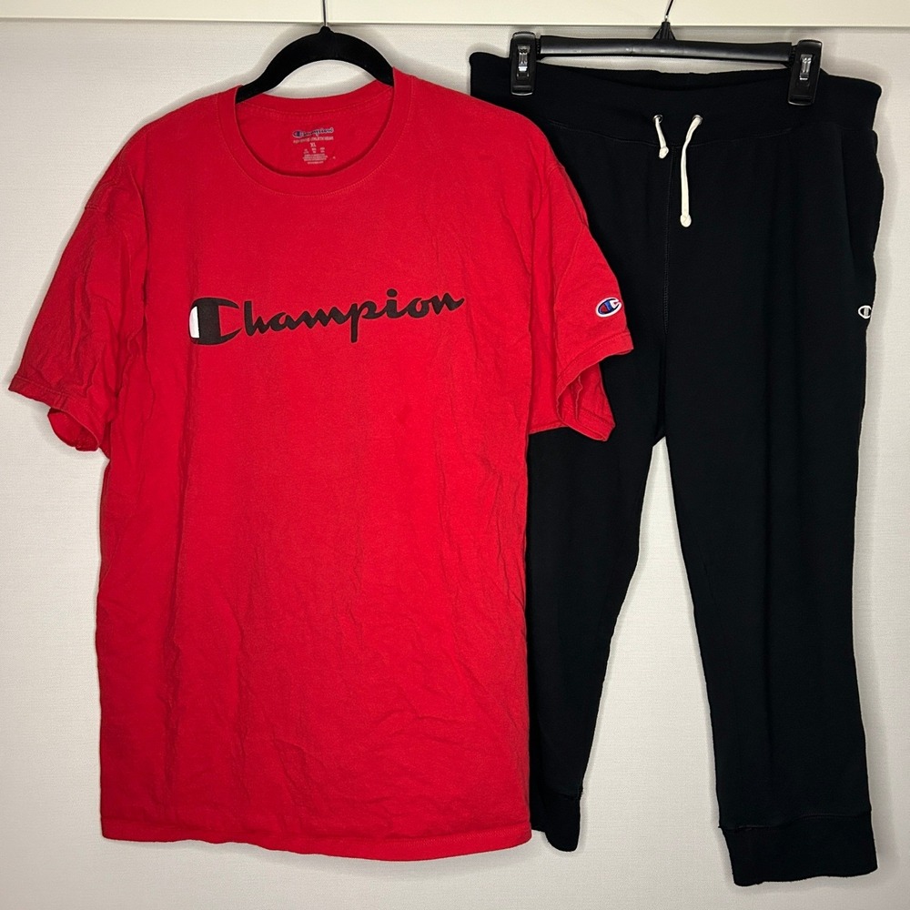 BUNDLE Champion Red Authentic Athleticwear Crew Neck T-Shirt XL Black Joggers L